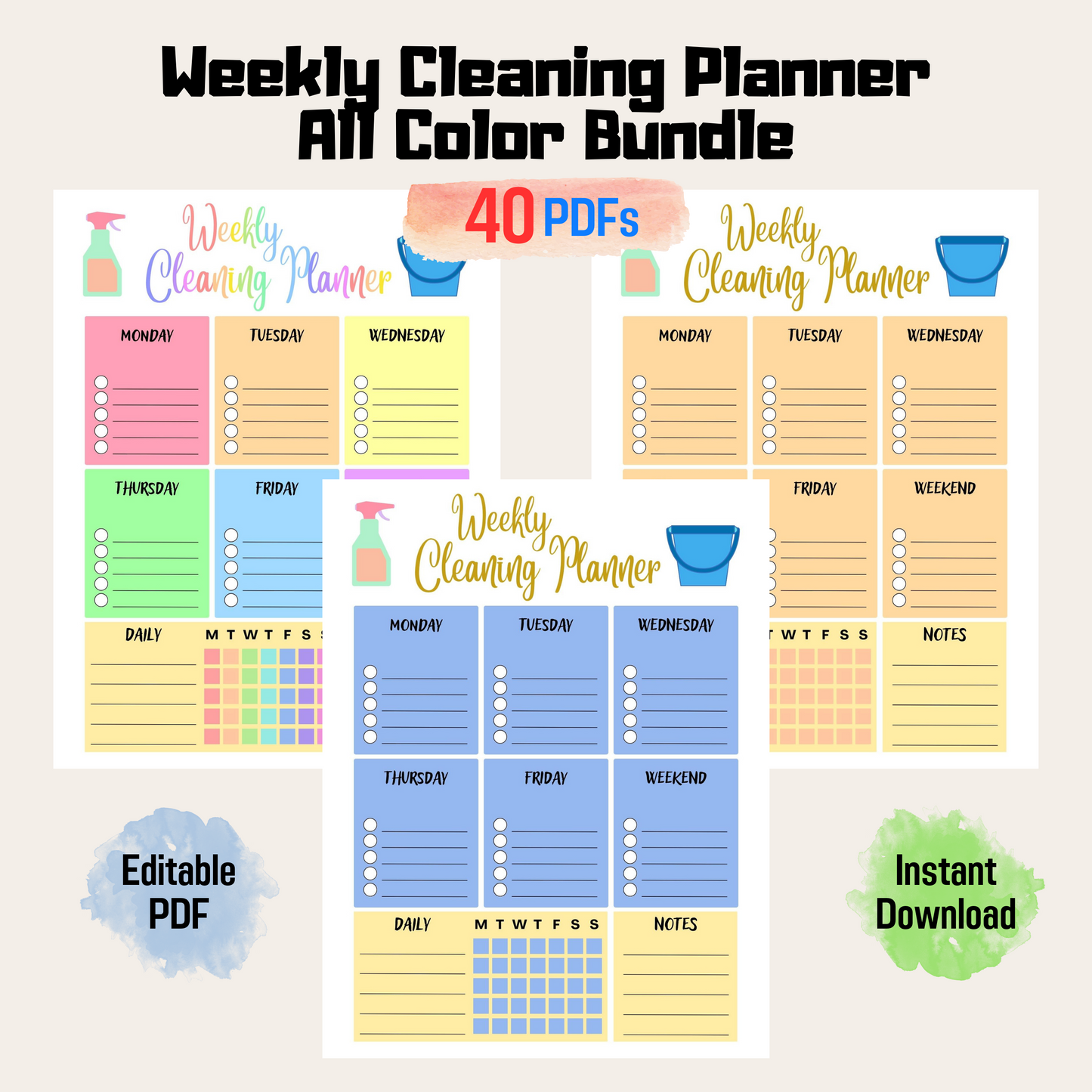 Weekly Cleaning Planner For Edit Rainbow Color, Weekly Chores, Routines, Goals, Checklist, Cleaning Schedule, EDITABLE Cleaning Planner PDF