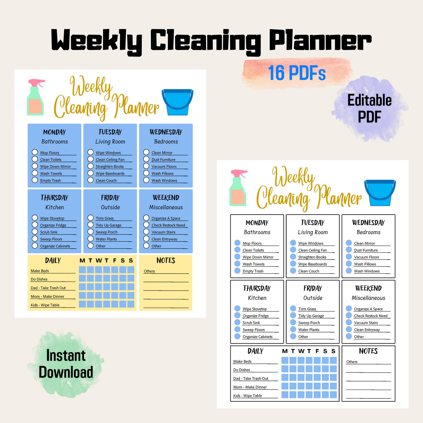 Weekly Cleaning Planner For Edit Rainbow Color, Weekly Chores, Routines, Goals, Checklist, Cleaning Schedule, EDITABLE Cleaning Planner PDF