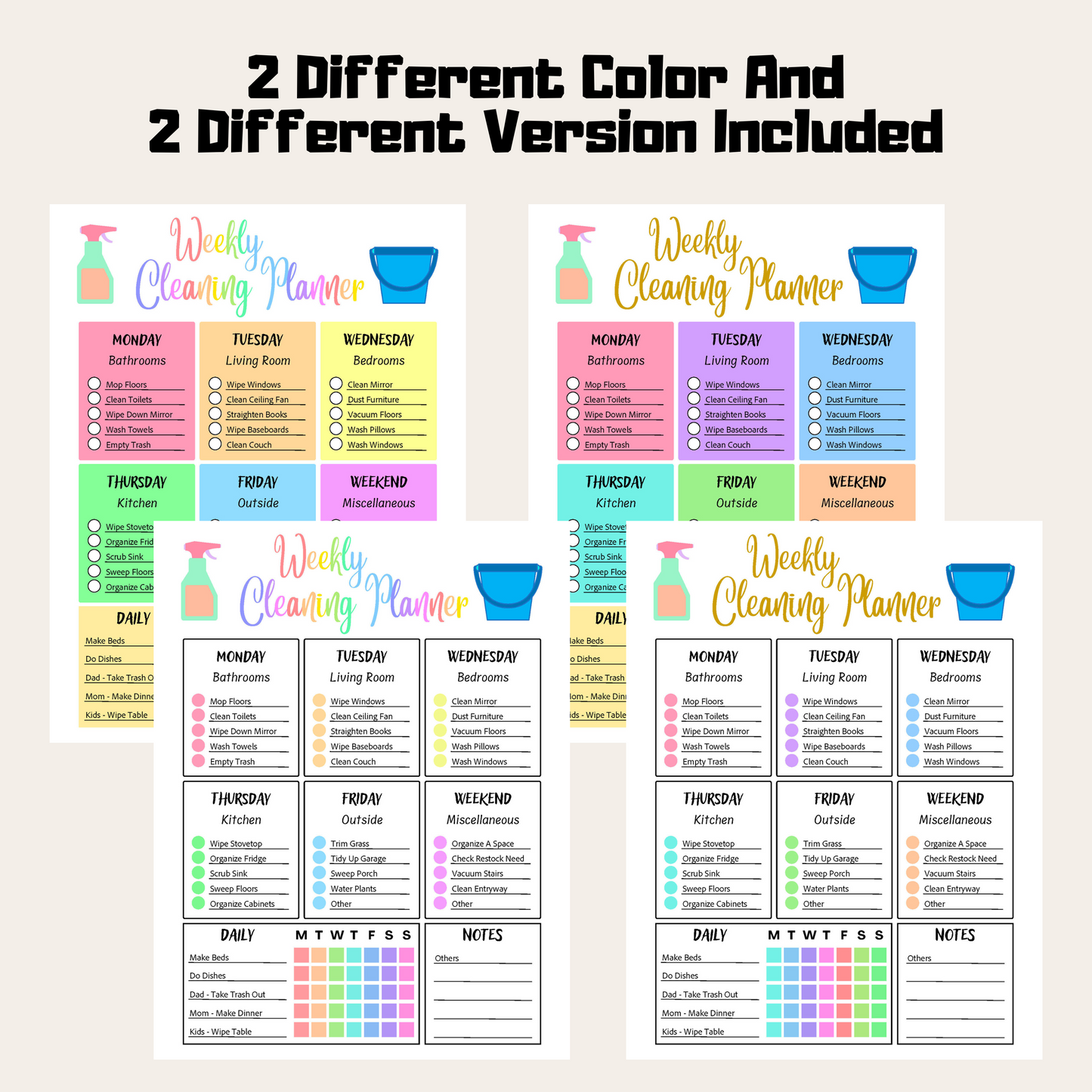 Editable Cleaning Schedule 9: Rainbow Color 2 Different Color and 2 Versions Included