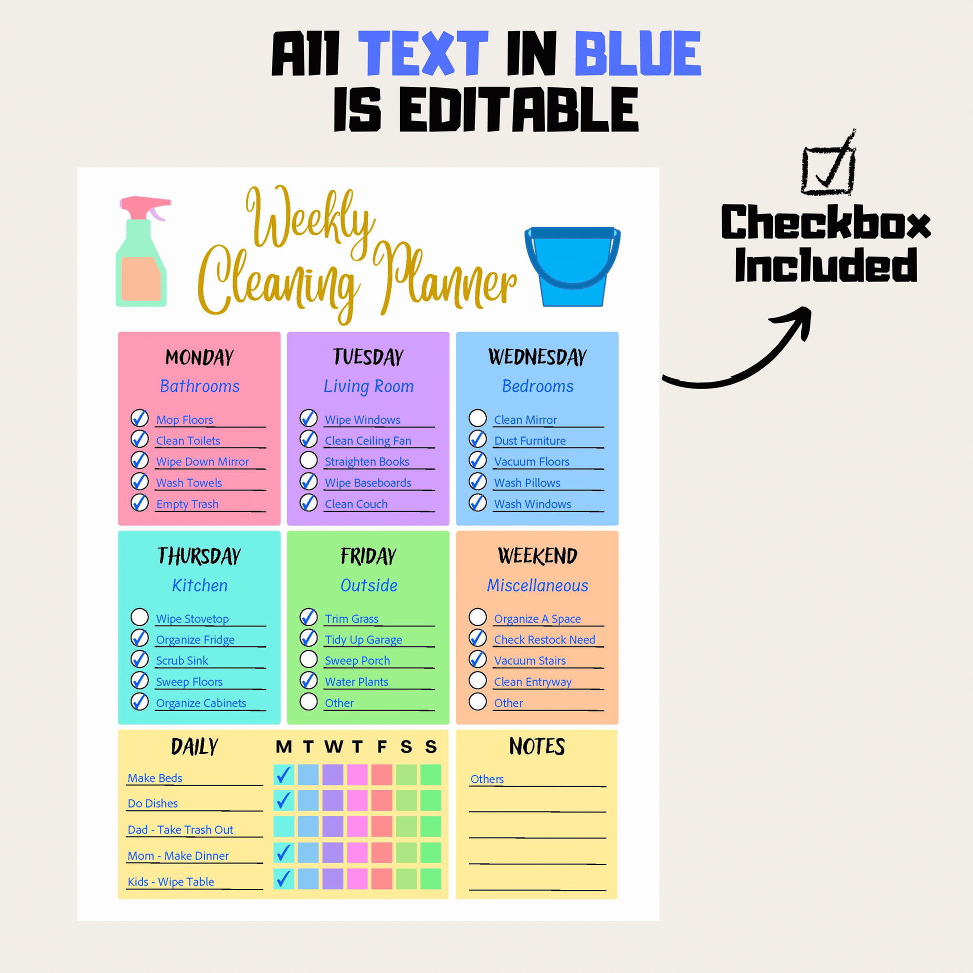 Editable Cleaning Schedule 9: Rainbow Color Editable Demo Display