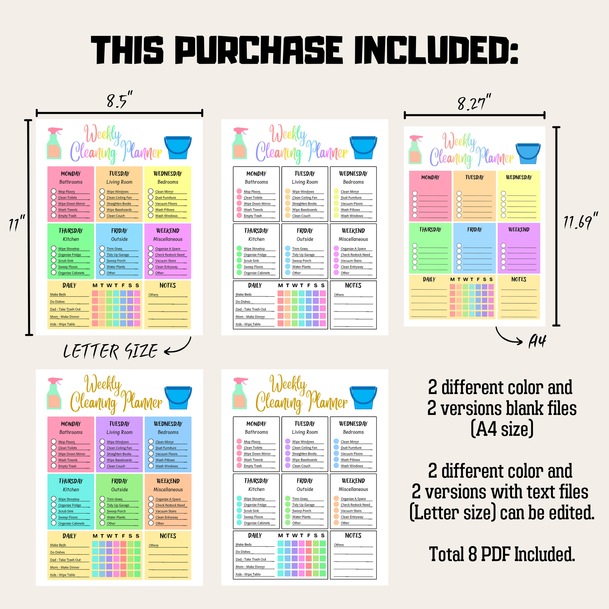 Editable Cleaning Schedule 9: Rainbow Color Product Information Details And Print Out Size Demo