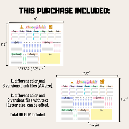 Editable Cleaning Schedule Bundle 1: All Color Bundle Product Information Details And Print Out Size Demo