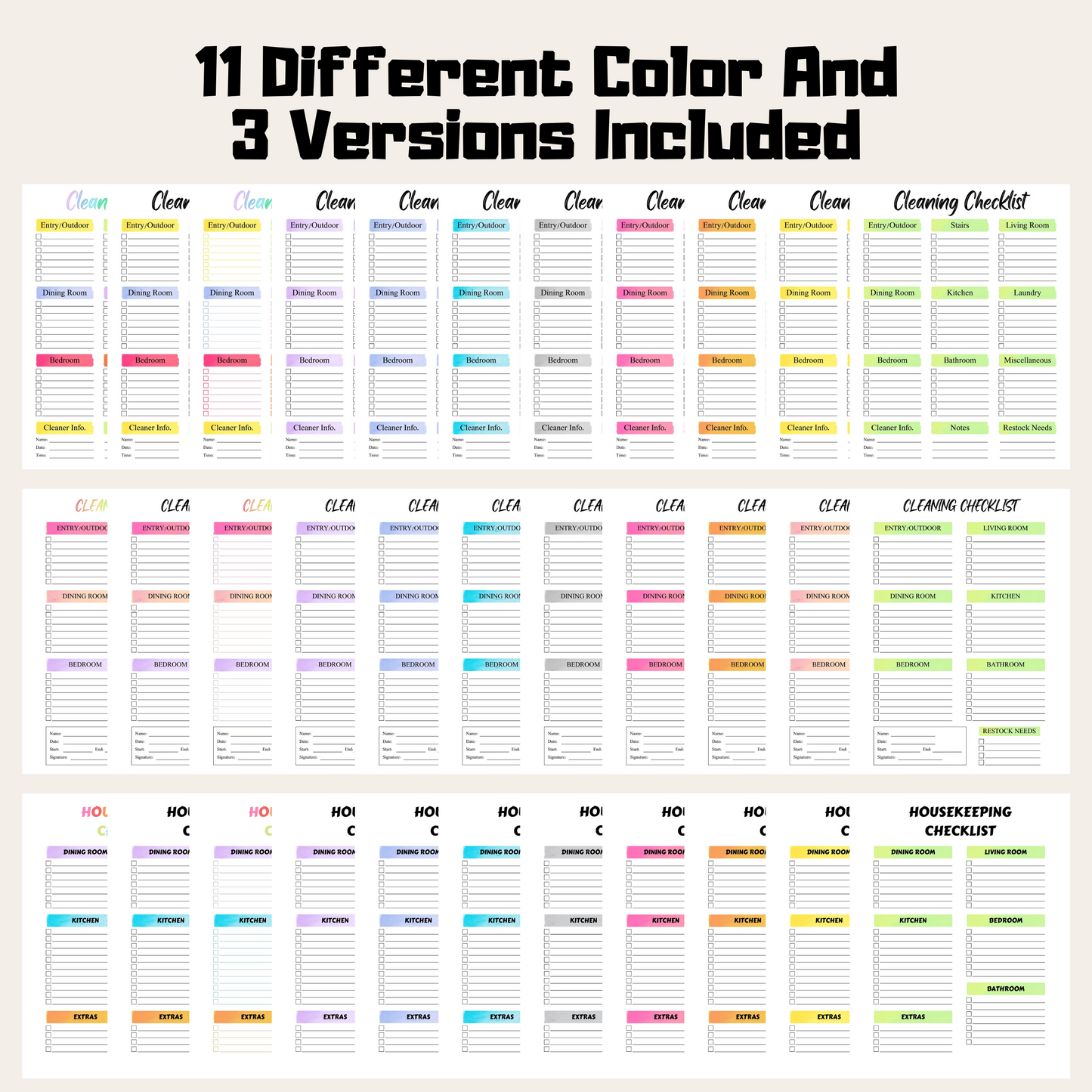 Editable Cleaning Schedule Bundle 2: All Color Bundle 11 Different Color and 3 Versions Included