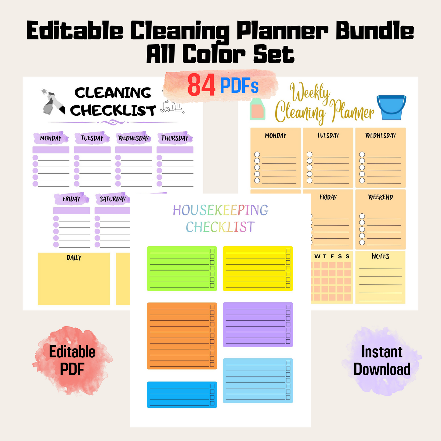 Editable Cleaning Schedule Bundle 3: All Color Bundle