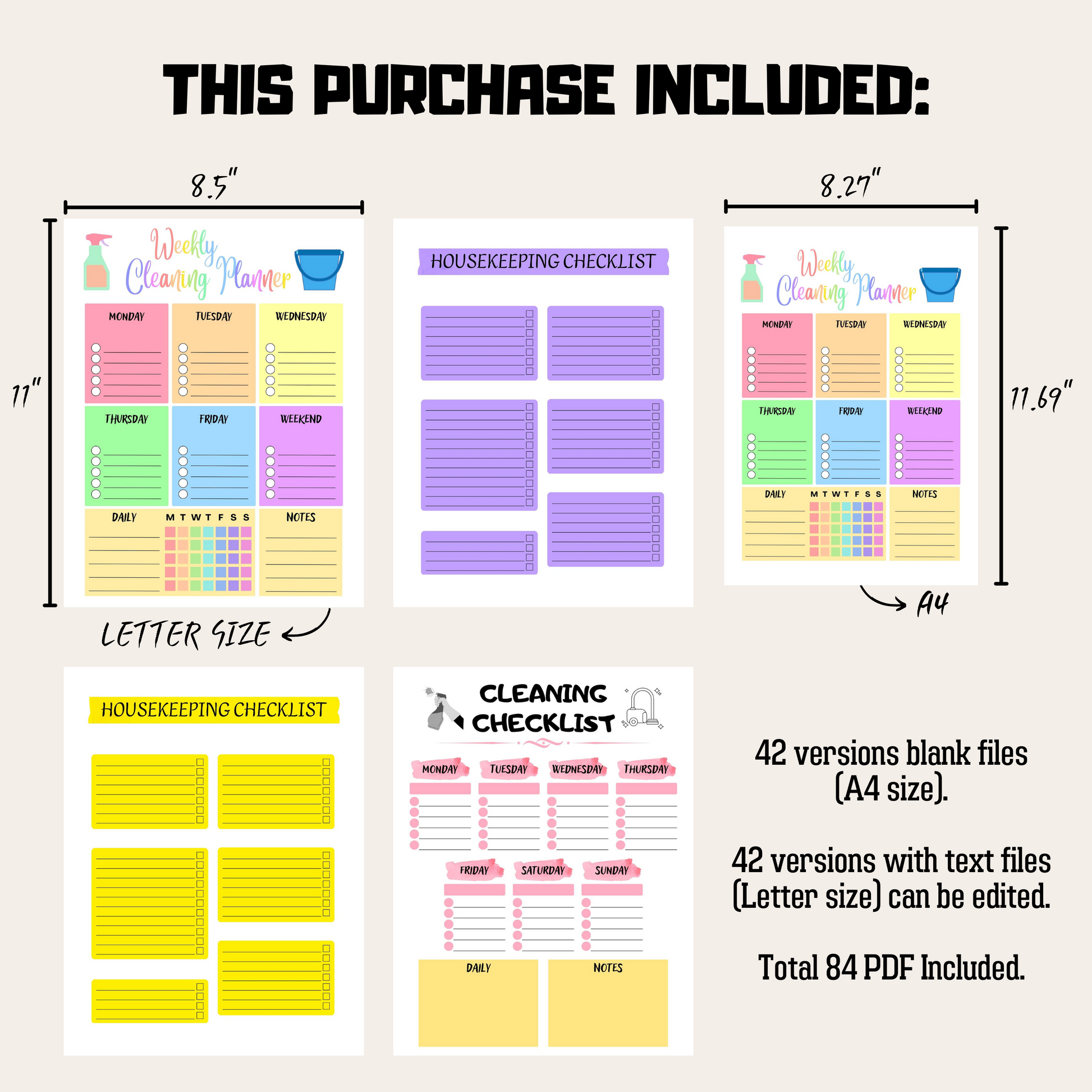 Editable Cleaning Schedule Bundle 3: All Color Bundle Product Information Details And Print Out Size Demo