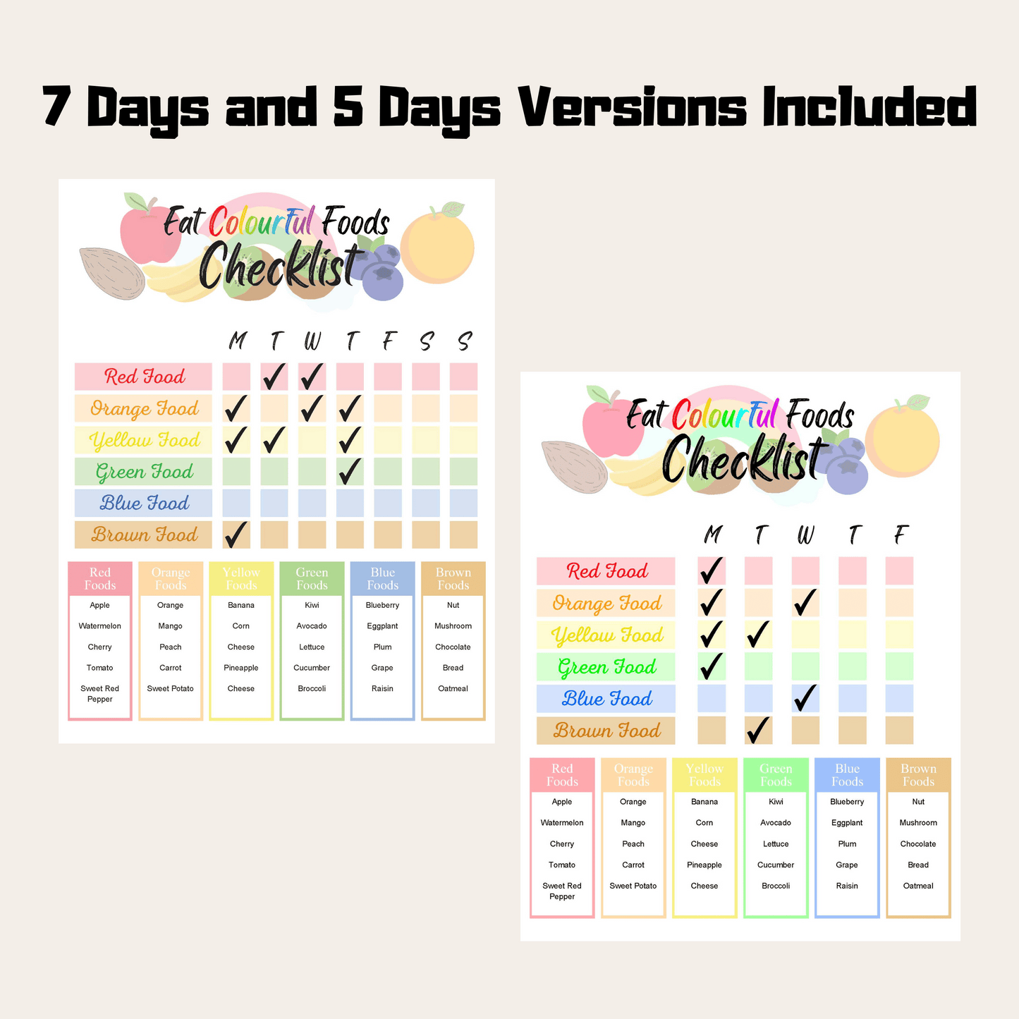 Editable Eat Colourful Foods Checklist 1 : 7 Days and 5 Days Versions Included