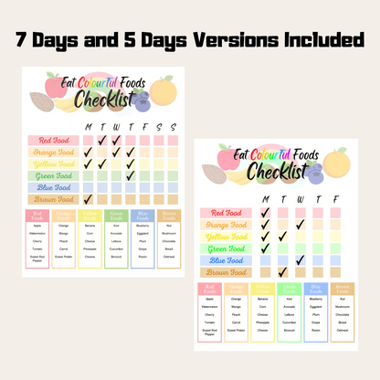 Editable Eat Colourful Foods Checklist 1 : 7 Days and 5 Days Versions Included