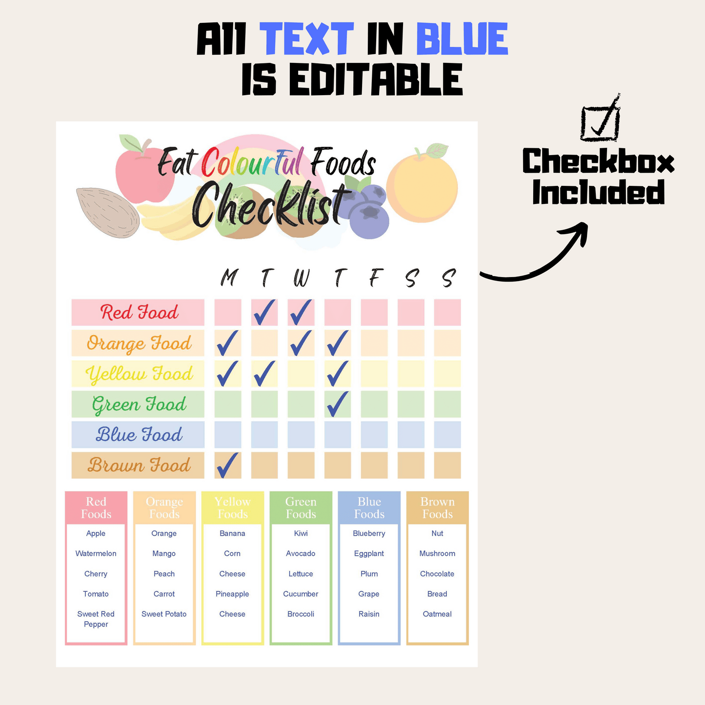 Editable Eat Colourful Foods Checklist 1 : Editable Demo Display