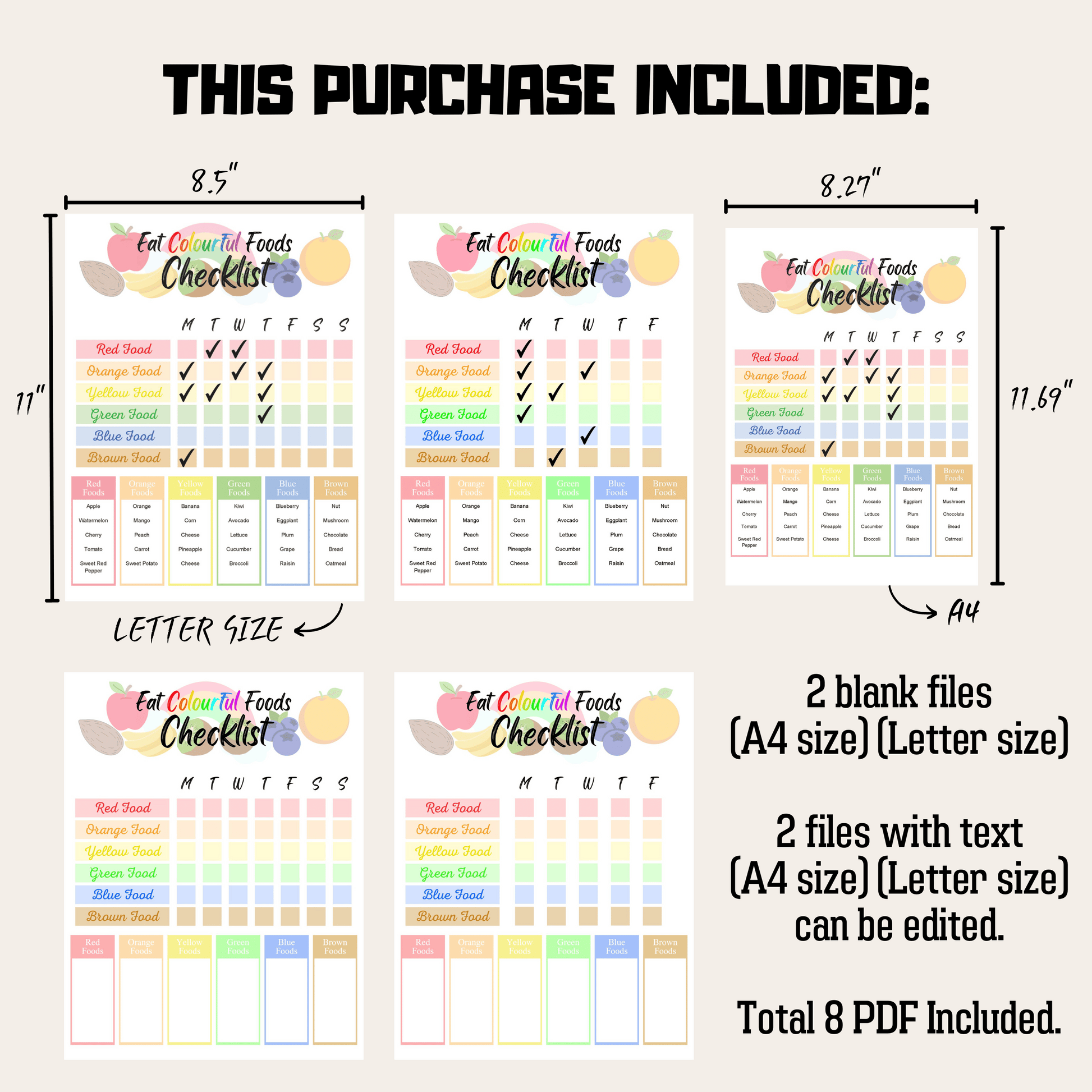 Editable Eat Colourful Foods Checklist 1 : Product Information Details And Print Out Size Demo