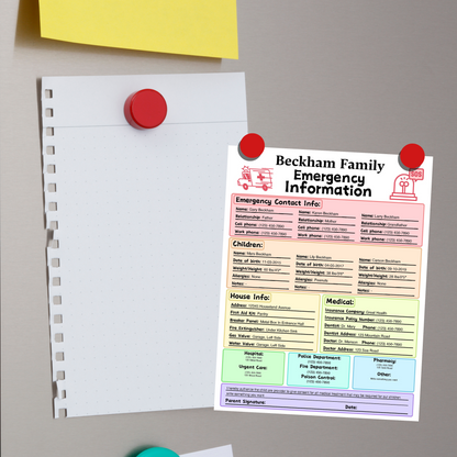 Editable Emergency Contact Information Sheet 1: Rainbow Color Print Out Demo