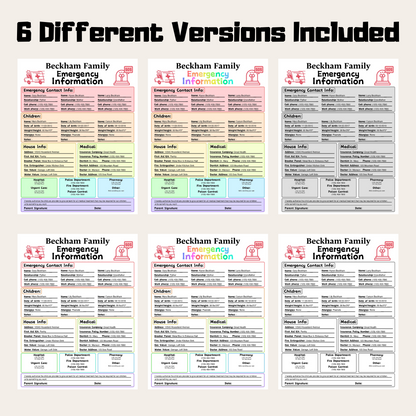Editable Emergency Contact Information Sheet 1: Rainbow Color 6 Versions Included