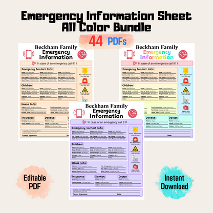 Printable Emergency Information Sheet, Babysitter Info Sheet, Medical Details, Personal Contact Info, Instant Download