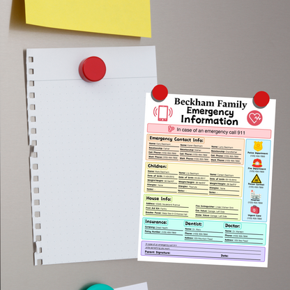 Editable Emergency Contact Information Sheet 2: Rainbow Color Print Out Demo