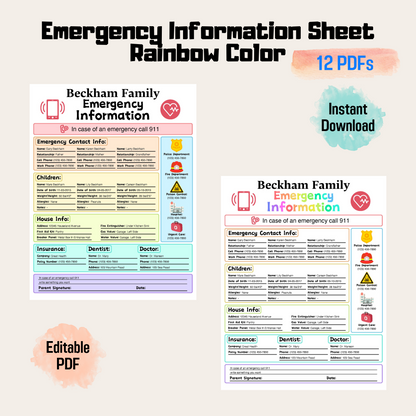 Editable Emergency Contact Information Sheet 2: Rainbow Color