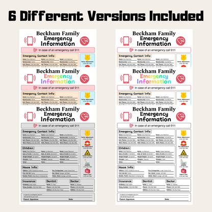 Editable Emergency Contact Information Sheet 2: Rainbow Color 6 Versions Included