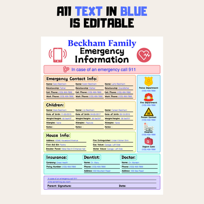 Editable Emergency Contact Information Sheet 2: Rainbow Color Editable Demo Display