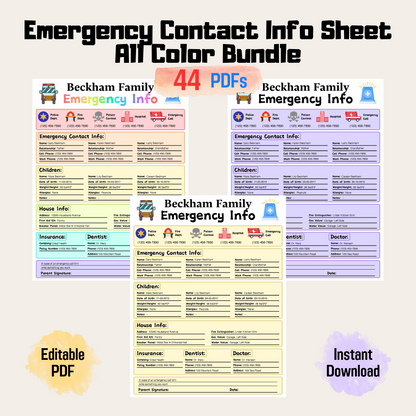 Emergency Contact Info Sheet Rainbow Color, Emergency contact sheet, babysitter info sheet, emergency contact form, nanny info sheet, printable