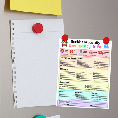 Editable Emergency Contact Information Sheet 3: Rainbow Color Print Out Demo