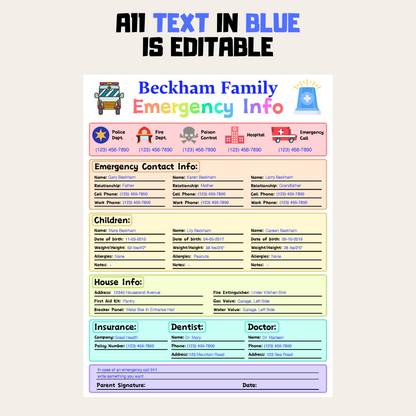 Editable Emergency Contact Information Sheet 3: Rainbow Color Editable Demo Display