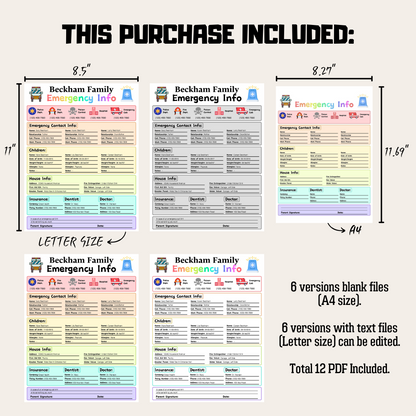 Editable Emergency Contact Information Sheet 3: Rainbow Color Product Information Details And Print Out Size Demo