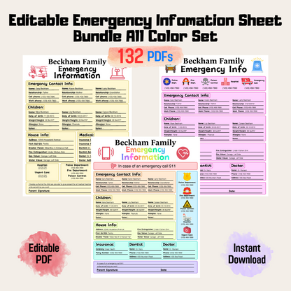 Editable Emergency Contact Information Sheet Bundle 1: All Color Bundle