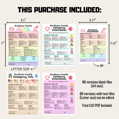 Editable Emergency Contact Information Sheet Bundle 1: All Color Bundle Product Information Details And Print Out Size Demo
