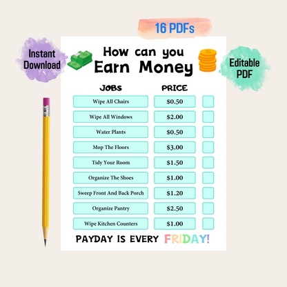 How to Earn Money Chore Chart, Responsibility Chart for Kids, Customizable Allowance Chore Chart for Kids, Printable Chore Chart For Kids