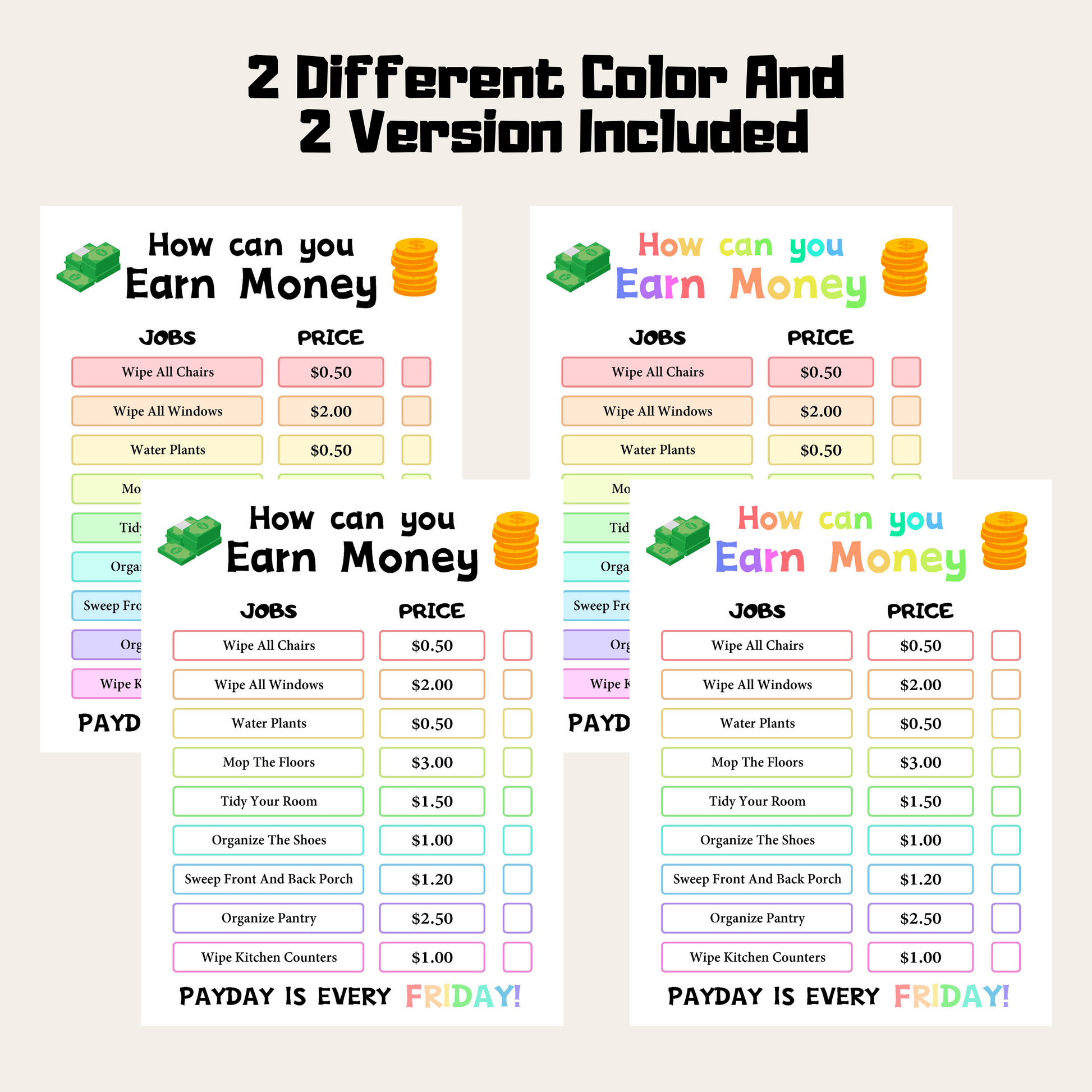 Editable How To Earn Money Chore Chart 1: Rainbow Color 2 Different Color and 2  Versions Included
