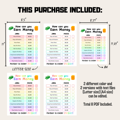 Editable How To Earn Money Chore Chart 1: Rainbow Color Product Information Details And Print Out Size Demo