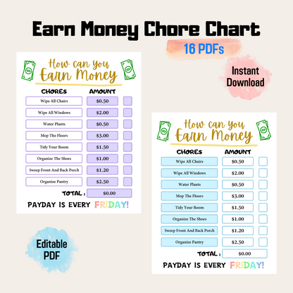 How to Earn Money Chore Chart Printable, Editable Responsibility Chart for Kids, Editable Allowance Chart, Chore Chart For Kids PDF