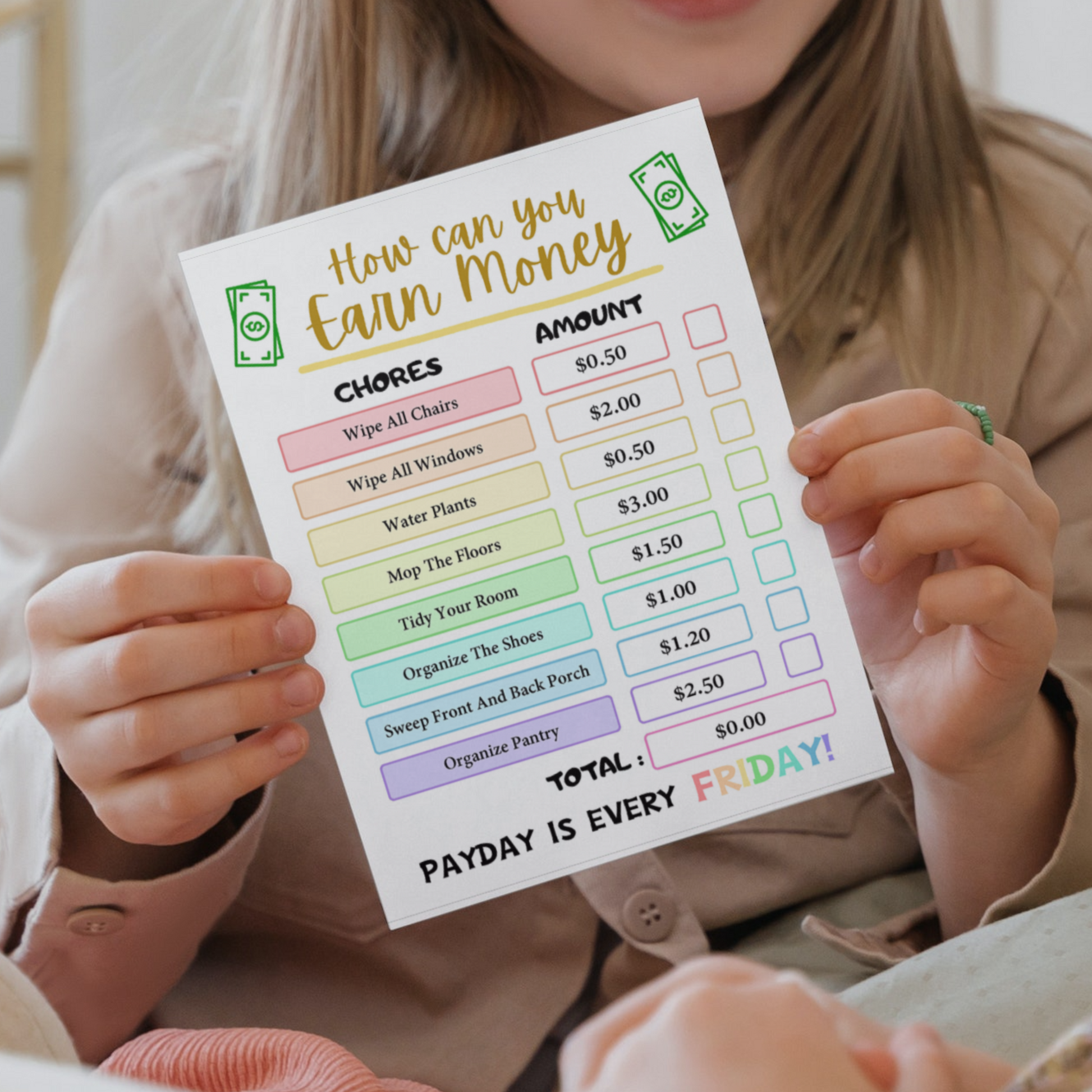 Editable How To Earn Money Chore Chart 2: Rainbow Color Print Out Demo