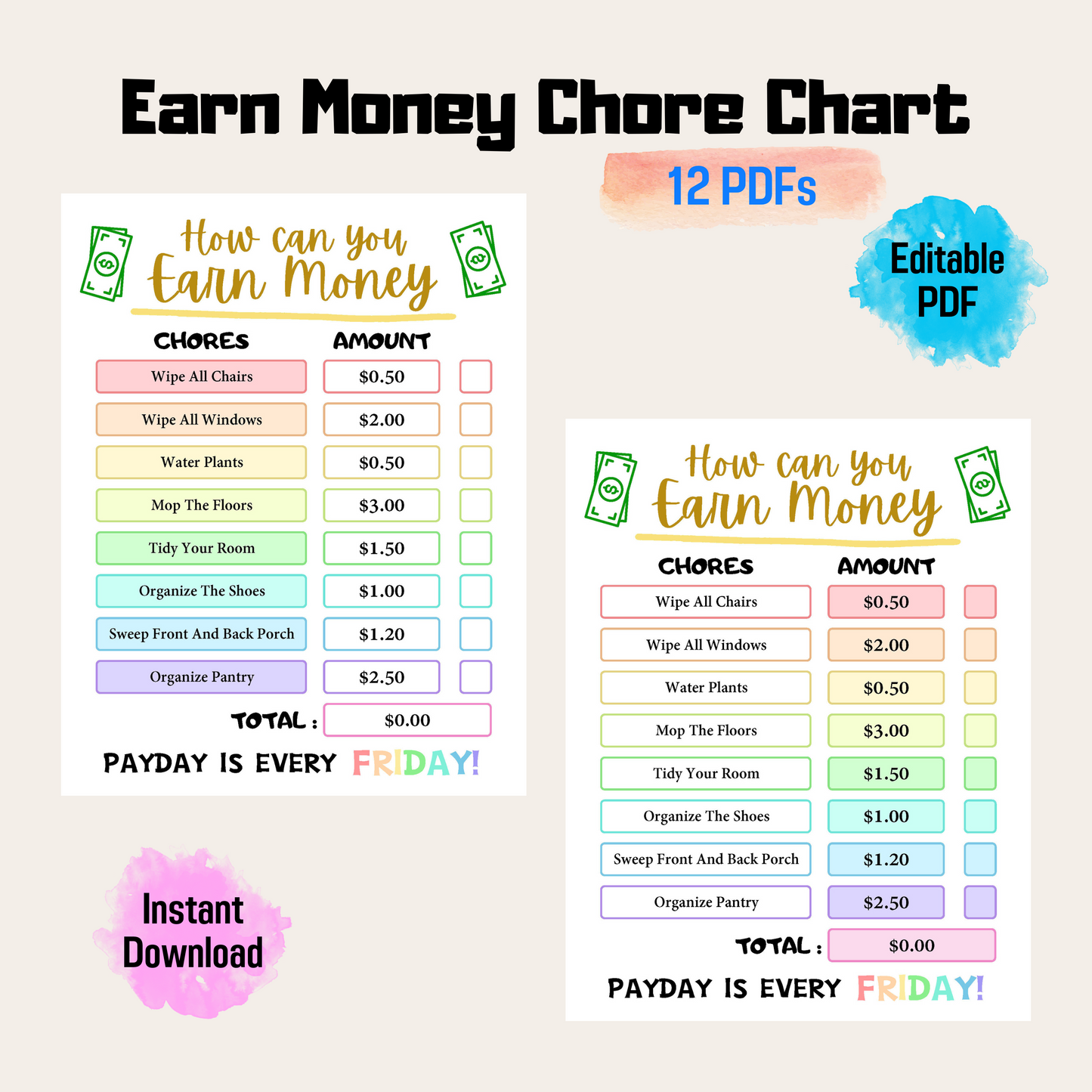 Editable How To Earn Money Chore Chart 2: Rainbow Color