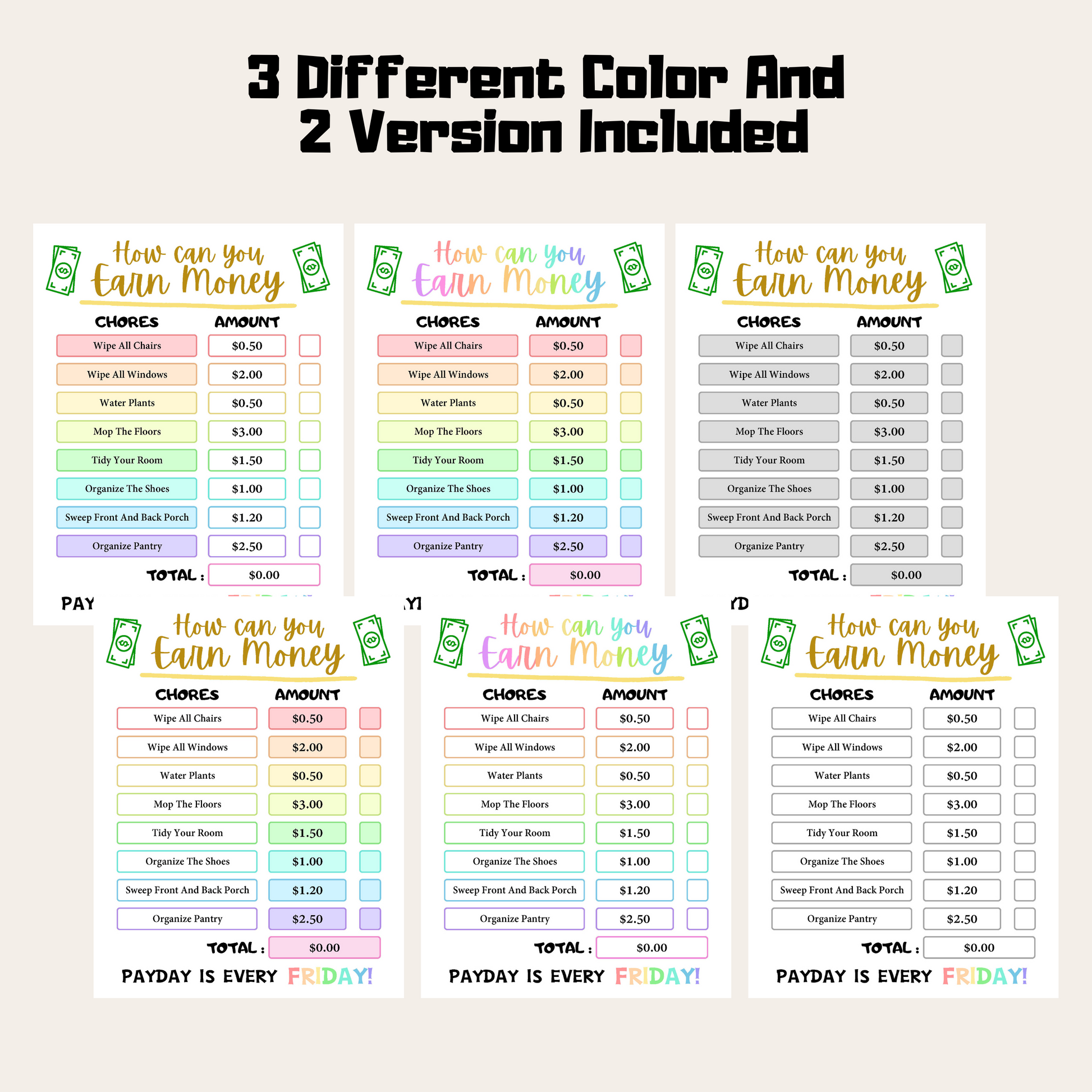 Editable How To Earn Money Chore Chart 2: Rainbow Color 3 Different Color and 2 Versions Included