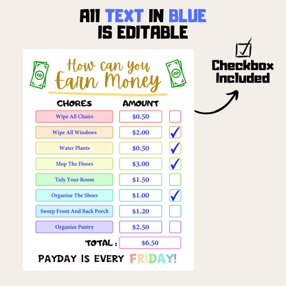 Editable How To Earn Money Chore Chart 2: Rainbow Color Editable Demo Display
