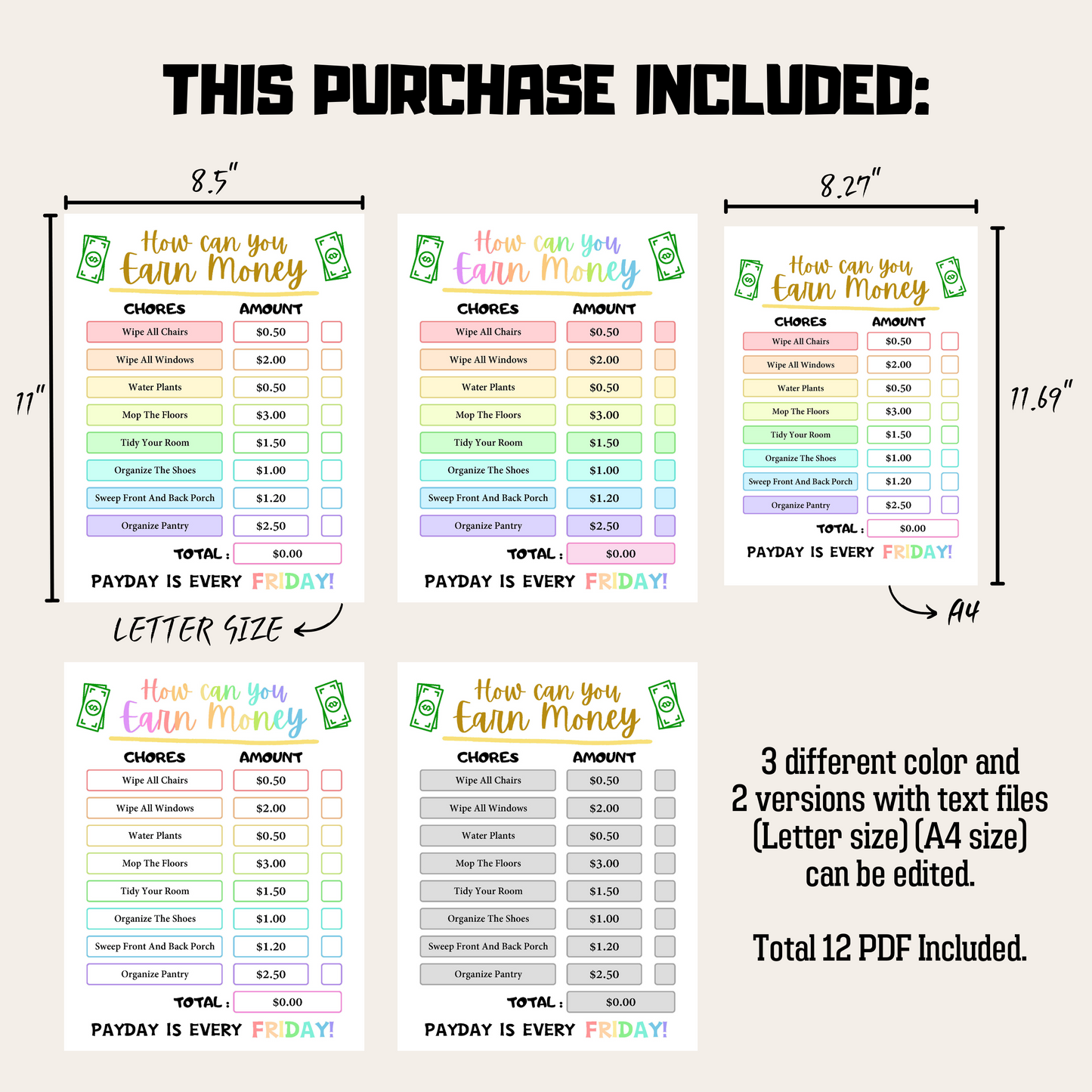 Editable How To Earn Money Chore Chart 2: Rainbow Color Product Information Details And Print Out Size Demo