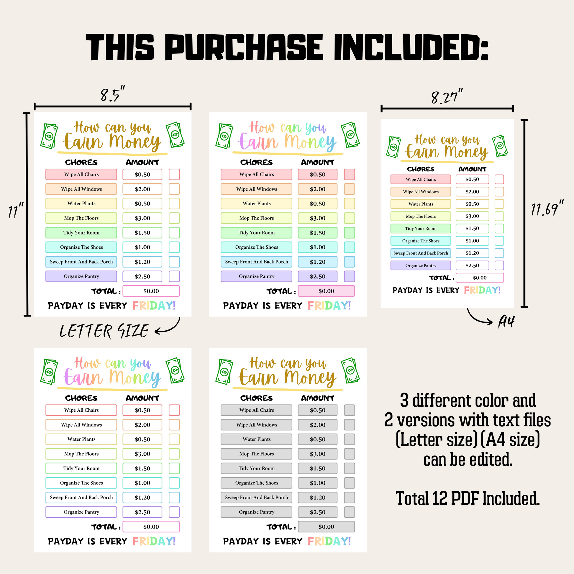 Editable How To Earn Money Chore Chart 2: Rainbow Color Product Information Details And Print Out Size Demo