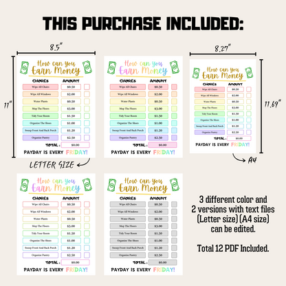 Editable How To Earn Money Chore Chart 2: Rainbow Color Product Information Details And Print Out Size Demo