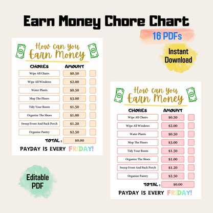 How to Earn Money Chore Chart Printable, Editable Responsibility Chart for Kids, Editable Allowance Chart, Chore Chart For Kids PDF