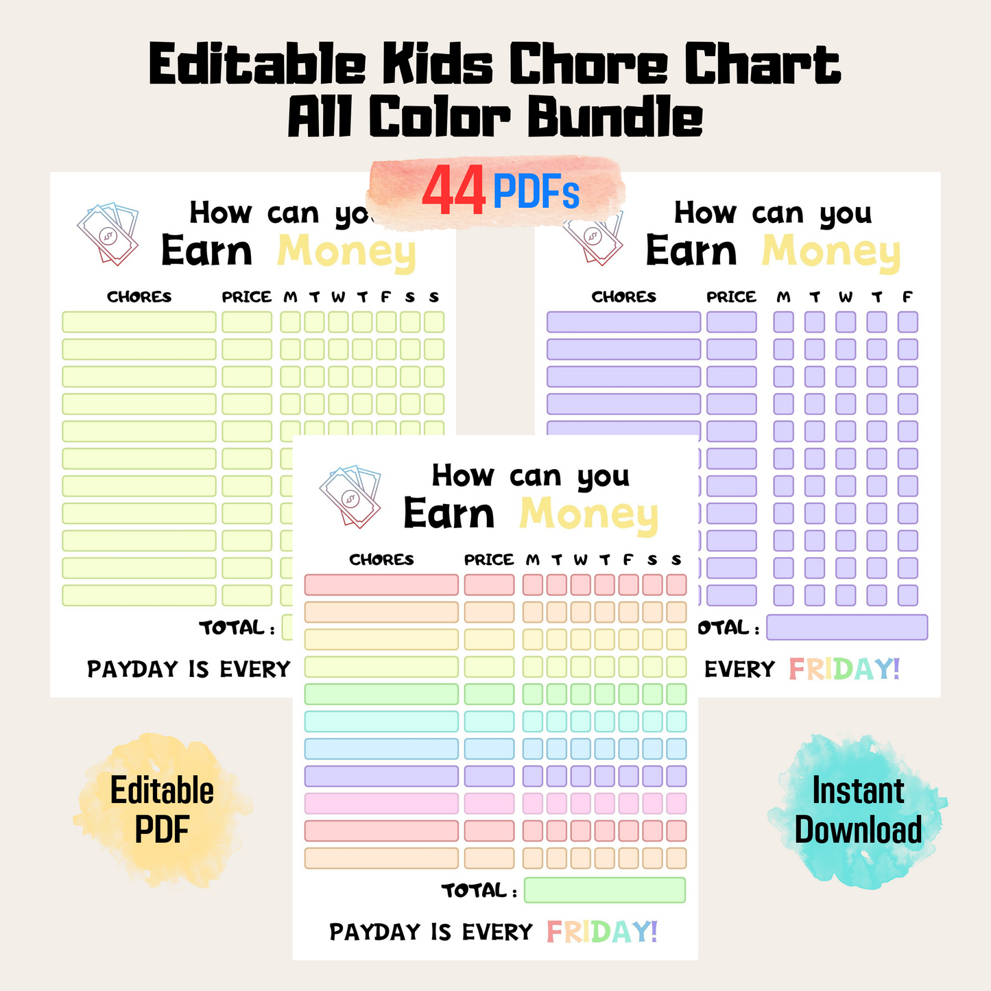 Editable Kids Chore Chart Rainbow Color, Earn Money System, Printable Reward Chart for Children, Fun and Motivating Chore Chart for Kids