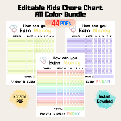 Editable Kids Chore Chart Rainbow Color, Earn Money System, Printable Reward Chart for Children, Fun and Motivating Chore Chart for Kids