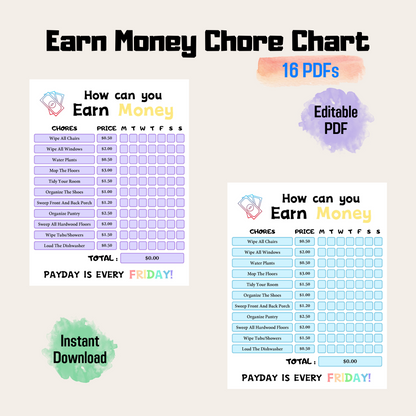 Editable Kids Chore Chart Rainbow Color, Earn Money System, Printable Reward Chart for Children, Fun and Motivating Chore Chart for Kids