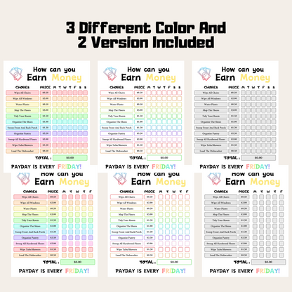 Editable How To Earn Money Chore Chart 3: Rainbow Color 3 Different Color and 2 Versions Included