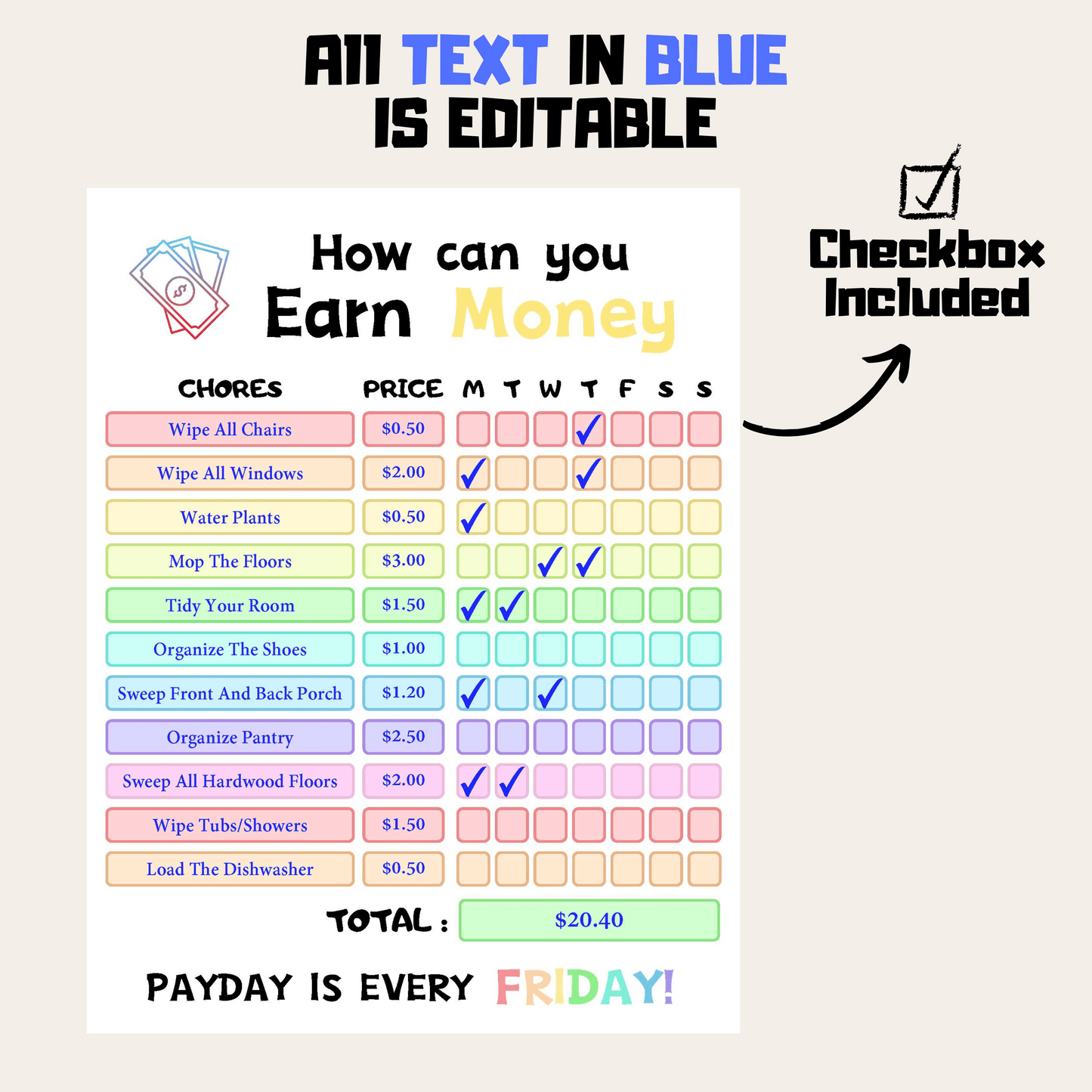 Editable How To Earn Money Chore Chart 3: Rainbow Color Editable Demo Display