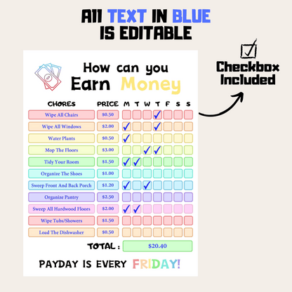 Editable How To Earn Money Chore Chart 3: Rainbow Color Editable Demo Display