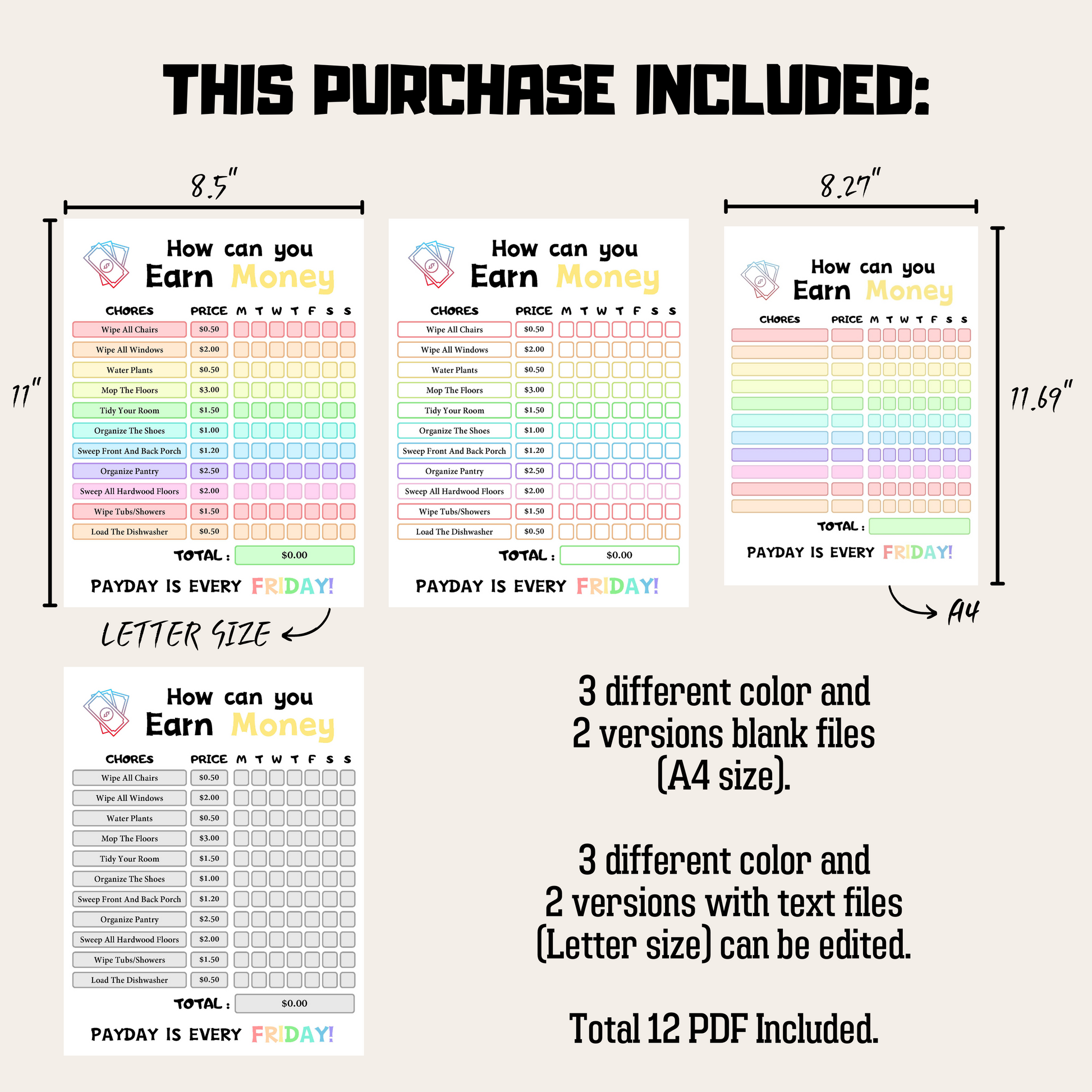 Editable How To Earn Money Chore Chart 3: Rainbow Color Product Information Details And Print Out Size Demo