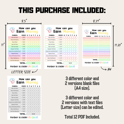 Editable How To Earn Money Chore Chart 3: Rainbow Color Product Information Details And Print Out Size Demo