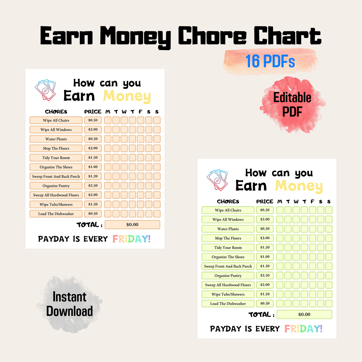 Editable Kids Chore Chart Rainbow Color, Earn Money System, Printable Reward Chart for Children, Fun and Motivating Chore Chart for Kids
