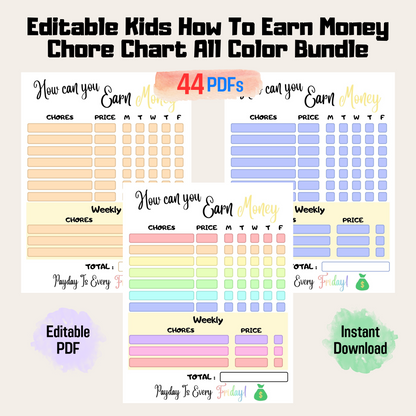 How to Earn Money Weekly Chore Chart, Editable Allowance Chore Chart for Kid, Printable Chore Chart for kid, Responsibility chart for kid