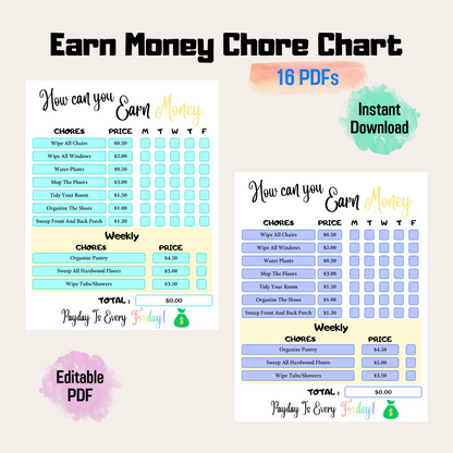 How to Earn Money Weekly Chore Chart, Editable Allowance Chore Chart for Kid, Printable Chore Chart for kid, Responsibility chart for kid