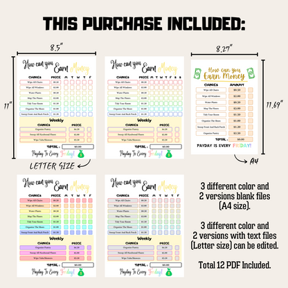 Editable How To Earn Money Chore Chart 4: Rainbow Color Product Information Details And Print Out Size Demo